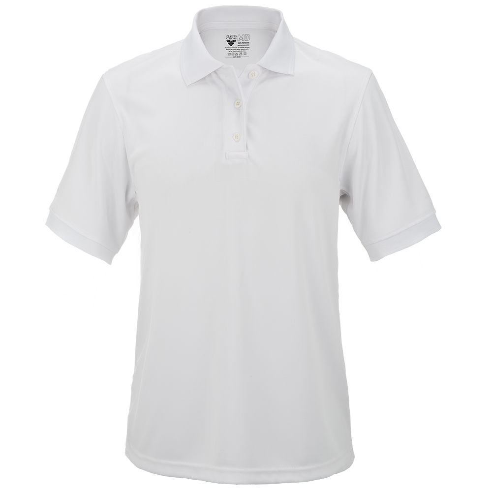 Product shot of a Flying MD white moisture-wicking polo shirt featuring a three-button placket and short sleeves against a blurry white background
