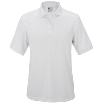 Product shot of a Flying MD white moisture-wicking polo shirt featuring a three-button placket and short sleeves against a blurry white background
