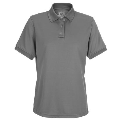 Product shot of a grey First Tactical Women's MD Polo shirt featuring a three-button placket and short sleeves with a subtle ribbed detail  showing a small logo on the upper left side

