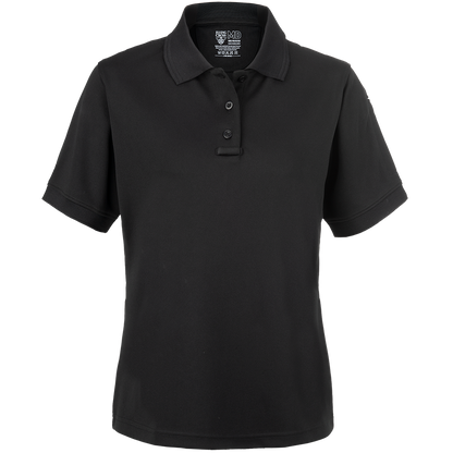 Product shot of a black First Tactical MD Women's short sleeve polo shirt featuring a three-button placket and a reinforced collar
