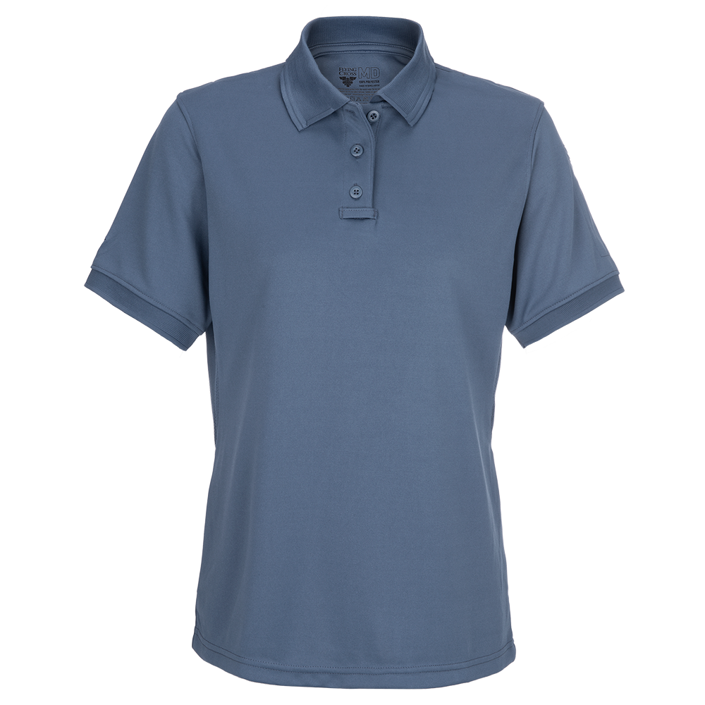 Product shot of a First Tactical MD polo shirt in a steel blue color featuring a three button placket and short sleeves against a white background
