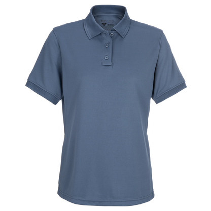 Product shot of a First Tactical MD polo shirt in a steel blue color featuring a three button placket and short sleeves against a white background
