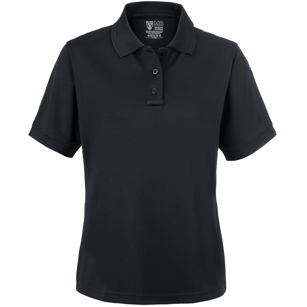 Product photo of a black 5.11 Tactical women's polo shirt featuring a three-button placket and a small logo on the upper left chest  a dark gray background is visible
