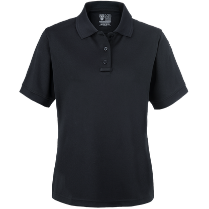 Product photo of a black 5.11 Tactical women's polo shirt featuring a three-button placket and a small logo on the upper left chest  a dark gray background is visible