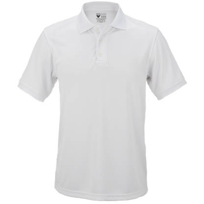 Product shot of a white 5.11 Tactical polo shirt featuring a three-button placket and a small logo on the inner collar showcasing a crisp, clean design and a comfortable fit
