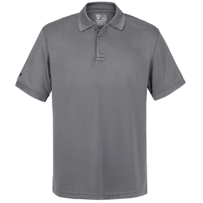 Product shot of a gray Flying Cross LG men's performance polo shirt showcasing its three-button placket and short sleeves against a blurred background
