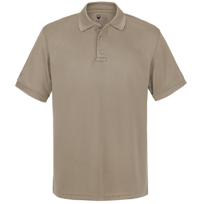 Product shot of a Flying Cross brand, large, tan men's short-sleeved polo shirt featuring a three-button placket and subtle stitching details
