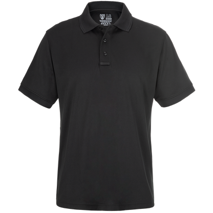 Product shot of a black Flying Cross brand polo shirt featuring a three-button placket and a subtle logo on the inner neck showing size large  
