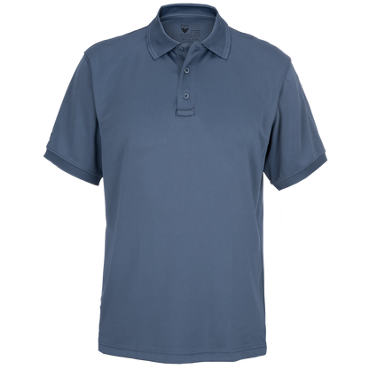 Product shot of a Flying Cross LG size men's short sleeve polo shirt in a slate blue color featuring a three button placket and a reinforced stitched hem
