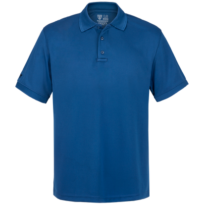 Product shot of a Flying Cross brand men's large, royal blue performance polo shirt featuring a three button placket and a small logo on the sleeve
