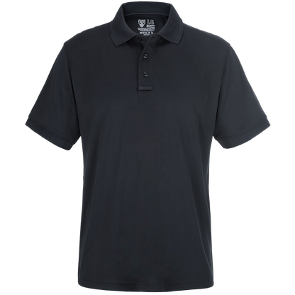 Product shot of a black Flying Cross brand polo shirt showing a dark, solid color, a three button placket, and a small logo tag at the neckline
