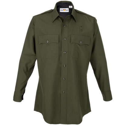 Flying Cross long-sleeved olive green work shirt featuring two chest pockets and dark buttons against a white background
