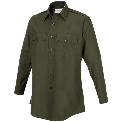 Product shot of a Flying Cross long-sleeve olive green uniform shirt featuring button-down front flap pockets and epaulets showing a crisp fabric and subtle texture
