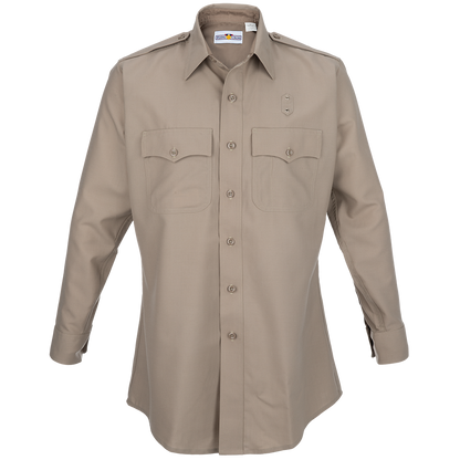 Product shot of a tan long-sleeved button-down shirt featuring two chest pockets and a small logo above the right pocket with long sleeves and a collared neckline