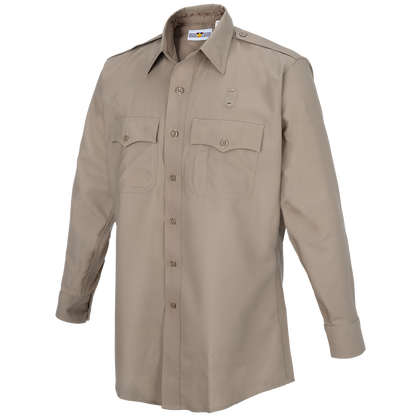 Product image showing a beige long-sleeved button-down shirt with two chest pockets and metal buttons featuring a subdued logo on the collar
