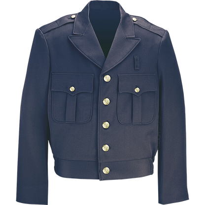 Close-up of a dark blue US Army service dress jacket featuring brass buttons flap pockets and a small insignia on the lapel
