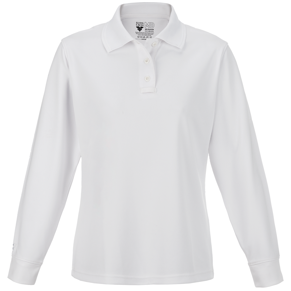 Product shot of a white Flying Cross MD long-sleeve polo shirt featuring a three-button placket and a small logo tag showing a bird and text
