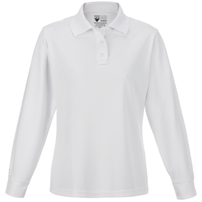 Product shot of a white Flying Cross MD long-sleeve polo shirt featuring a three-button placket and a small logo tag showing a bird and text
