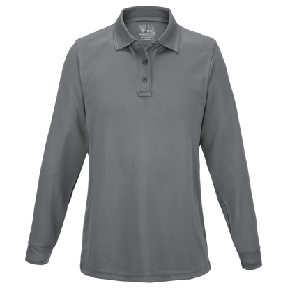 Product shot of a grey long-sleeve Propper women's performance polo shirt featuring a three-button placket and a tag with logo detail showcasing subtle texture and a sleek design
