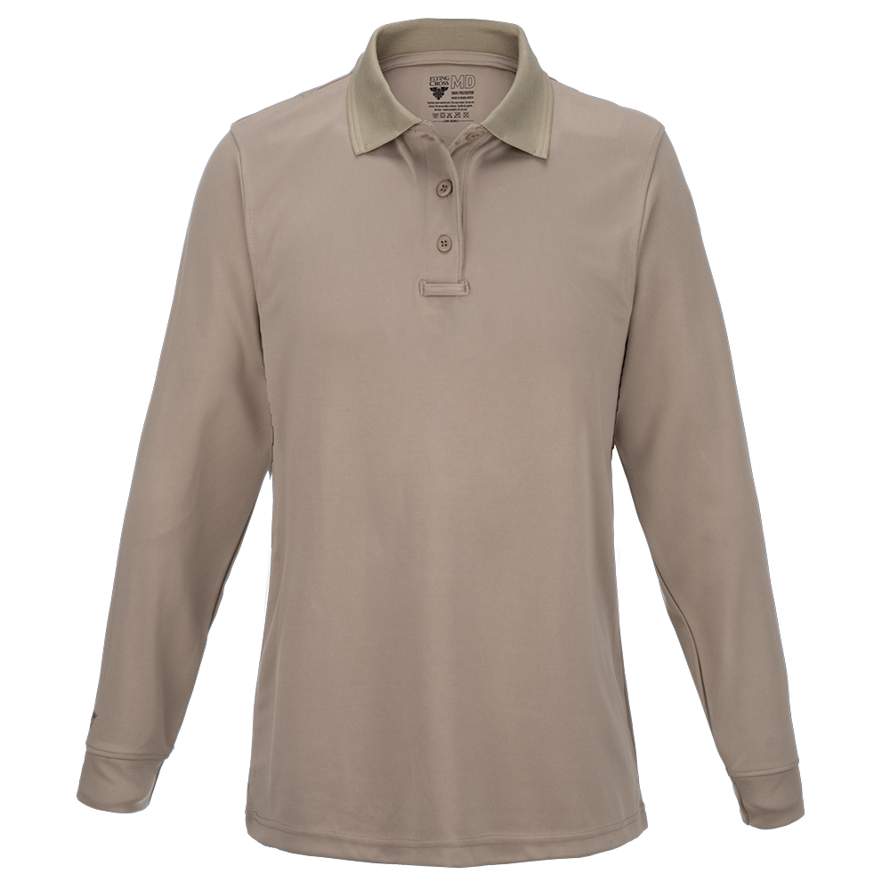 Product shot of a tan long-sleeve Flying MD polo shirt with a contrasting beige collar and three-button placket showing subtle texture and a small logo on the collar