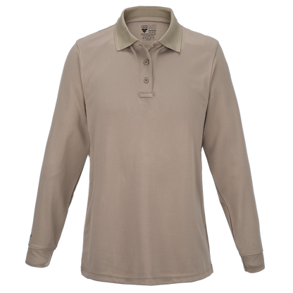 Product shot of a tan long-sleeve Flying MD polo shirt with a contrasting beige collar and three-button placket showing subtle texture and a small logo on the collar
