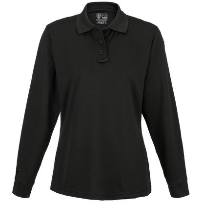 Product shot of a black Flying Cross MD women's long-sleeve performance polo shirt featuring a three-button placket and subtle branding showing a dark gray collar and cuffs
