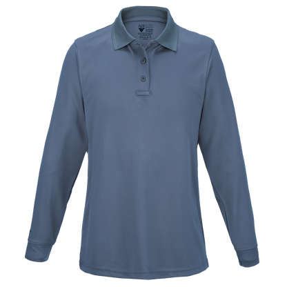 Product shot of a 5.11 Tactical women's long sleeve polo shirt featuring a light grey color a three button placket and a contrasting inner collar
