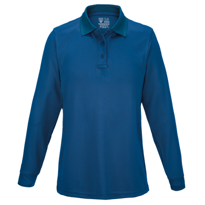 Product shot of a 5.11 Tactical women's long sleeve polo shirt in dark blue featuring a contrasting collar and embroidered logo
