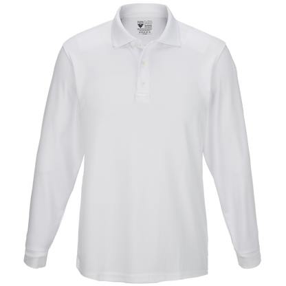Product shot of a white Flying MD long-sleeve performance polo shirt featuring a three-button placket and a small brand logo on the upper left side.
