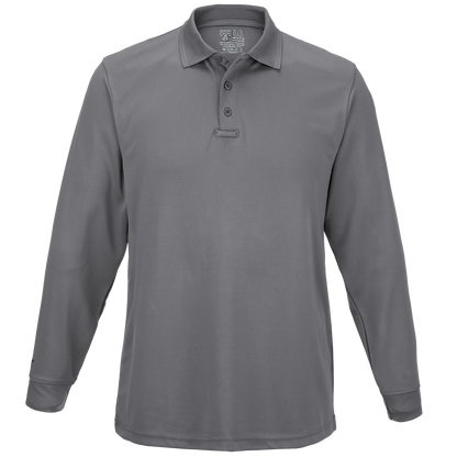 Product image of a gray long-sleeve polo shirt featuring a three-button placket and a small logo on the collar
