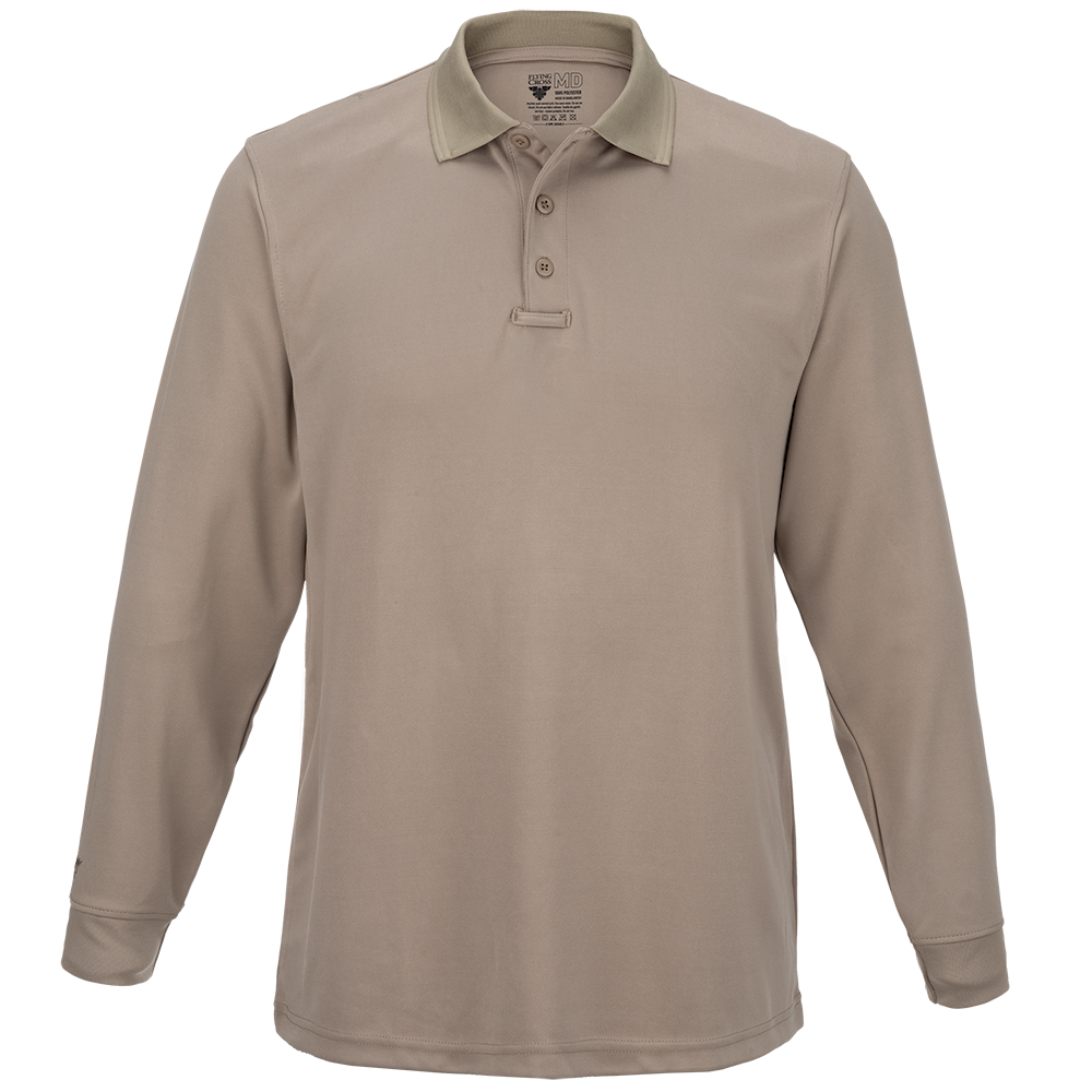 Product shot of a beige long-sleeve 5.11 Tactical polo shirt featuring a contrasting collar and three-button placket with a subtle logo
