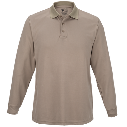 Product shot of a beige long-sleeve 5.11 Tactical polo shirt featuring a contrasting collar and three-button placket with a subtle logo
