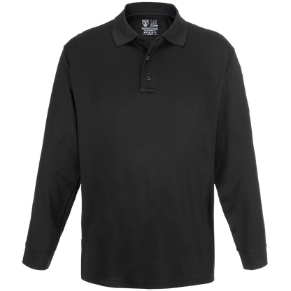 Product shot of a black long-sleeve  5.11 Tactical polo shirt showing a three-button placket and a dark gray embroidered logo on the inner collar
