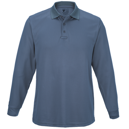 Product shot of a 5.11 Tactical long sleeve performance polo shirt featuring a gray color a three button placket and contrasting collar