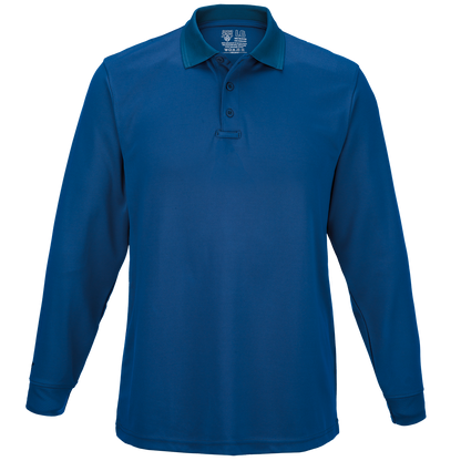 Product shot of a long-sleeved, dark-blue 5.11 Tactical polo shirt featuring a teal collar and a black button placket.