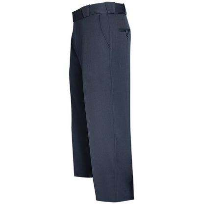 Product shot of dark navy blue men's trousers featuring a belt loop waistband a zippered side pocket and a subtle crease down the leg
