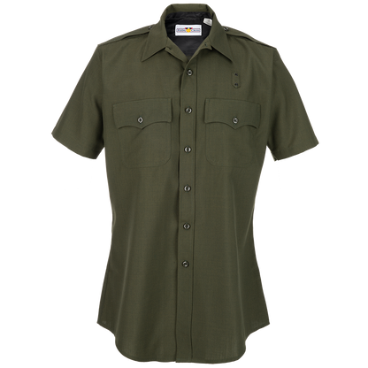 Product shot of a Flying Cross brand olive green short sleeve shirt featuring a button-down collar and two chest pockets with a subtle textured fabric and black buttons
