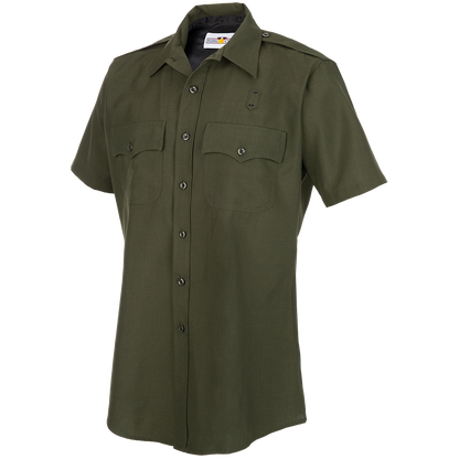 Product shot of a Flying Cross brand olive green short sleeve shirt featuring a button-down collar, two chest pockets with flaps, and black buttons
