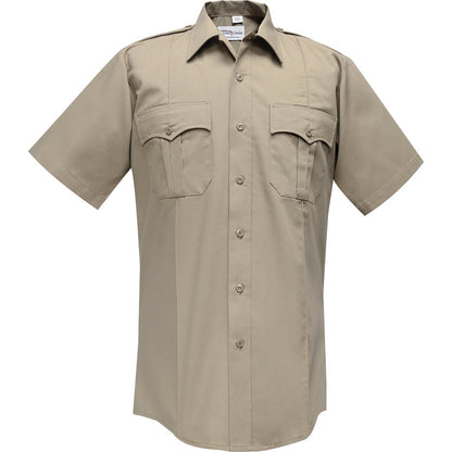 Product shot of a tan short-sleeved uniform shirt featuring two breast pockets with flaps and button closures, a classic collar, and a subtle sheen khaki fabric
