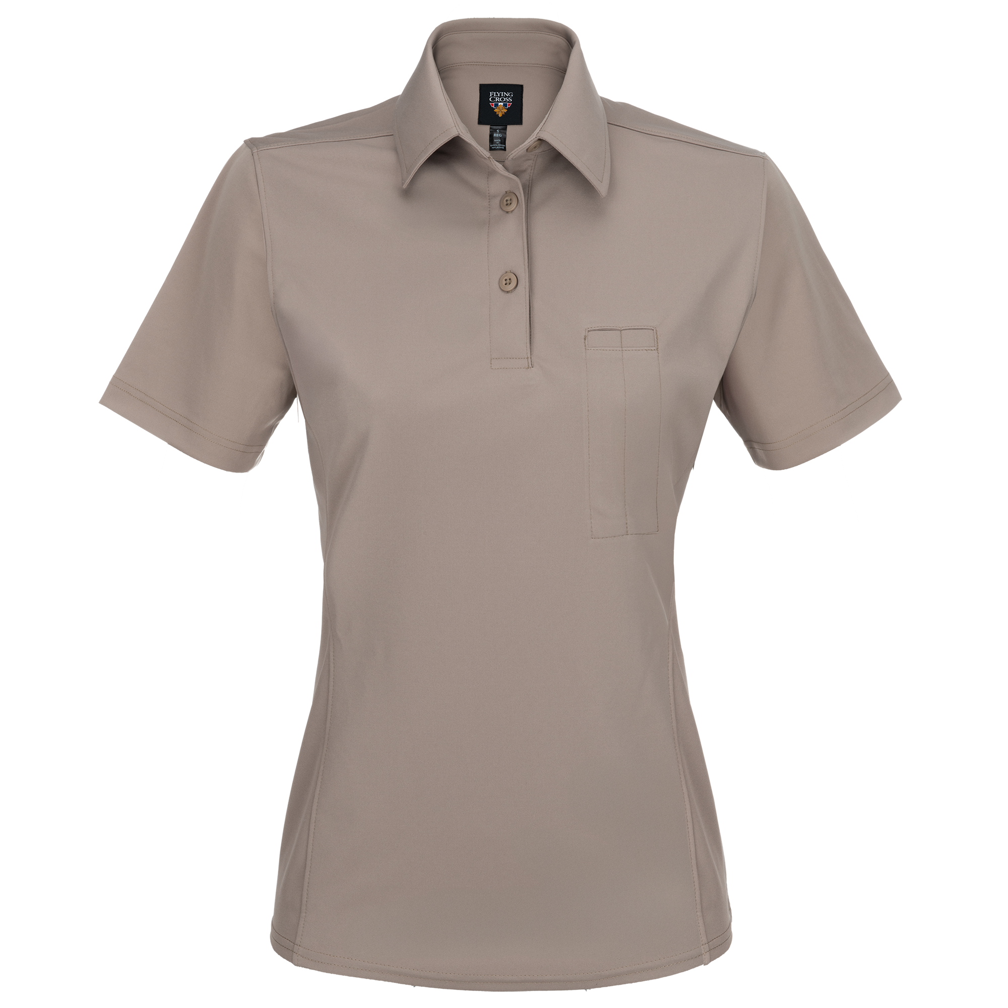 Product shot of a taupe Flying Cross women's short sleeve polo shirt featuring a three-button placket and a breast pocket with subtle stitching details

