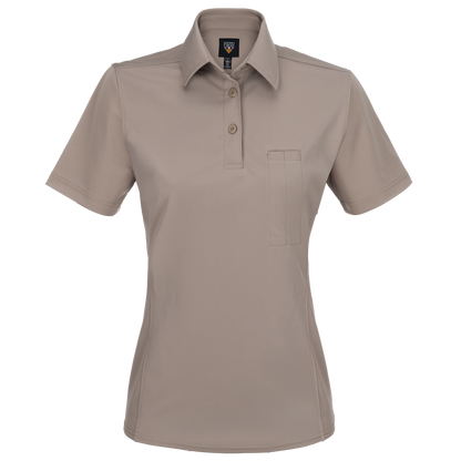 Product shot of a taupe Flying Cross women's short sleeve polo shirt featuring a three-button placket and a breast pocket with subtle stitching details
