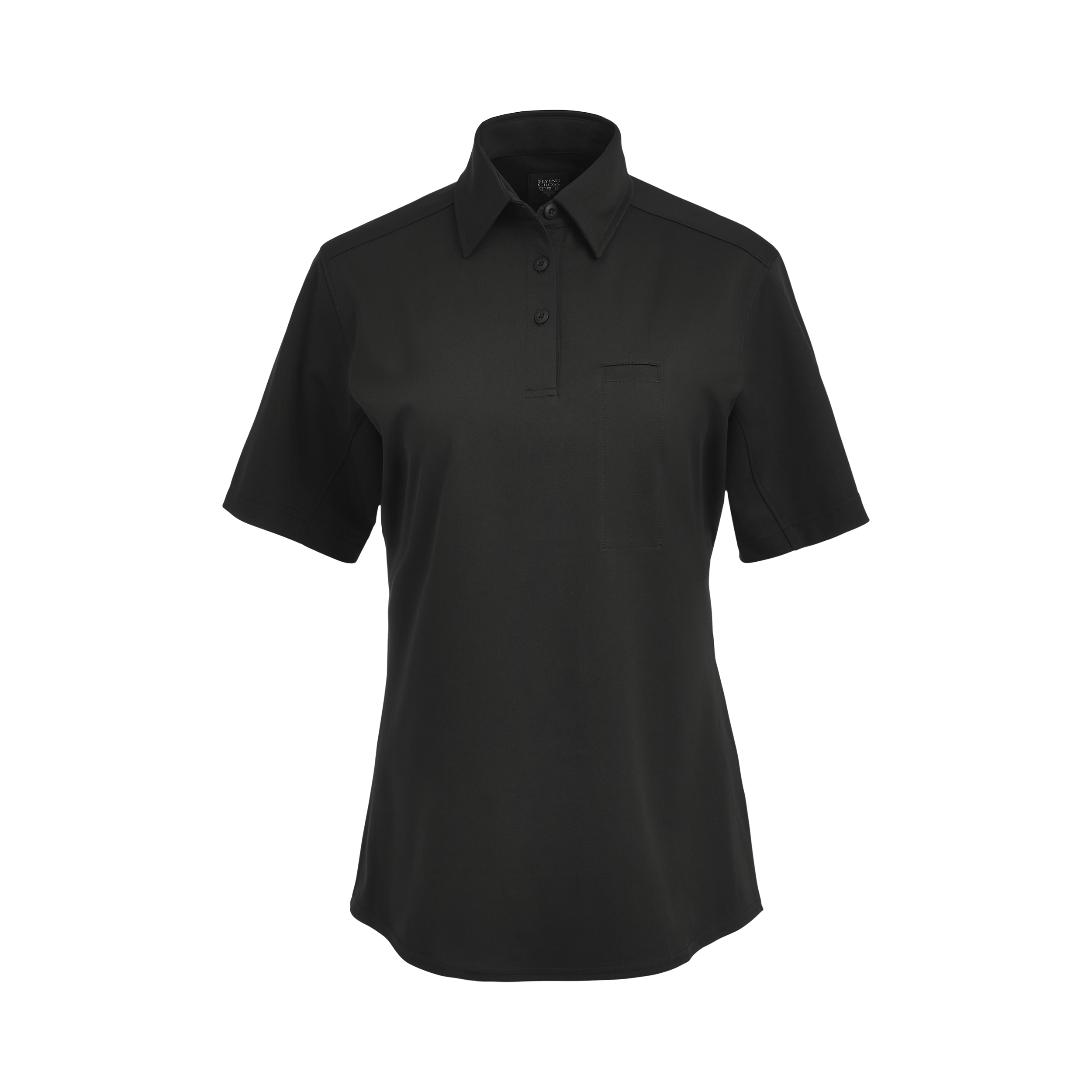Product shot of a black Flying Cross women's short-sleeve polo shirt featuring a small chest pocket, button-down collar, and subtle stitching details
