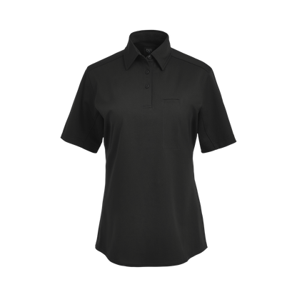 Product shot of a black Flying Cross women's short-sleeve polo shirt featuring a small chest pocket, button-down collar, and subtle stitching details
