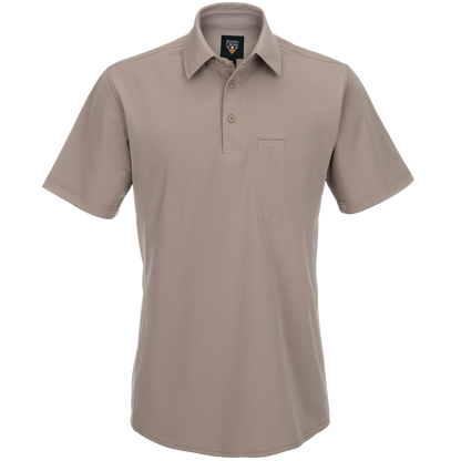 Product shot of a beige Flying Cross short-sleeve polo shirt featuring a small chest pocket, three-button placket, and a subtly embroidered logo.
