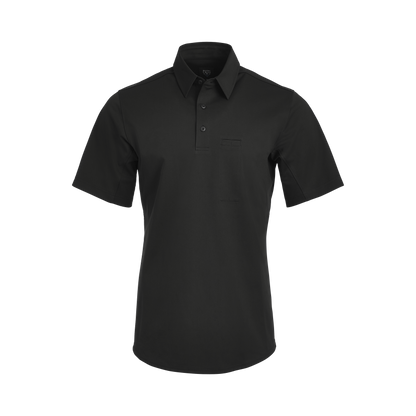 Product shot of a black Flying Cross brand polo shirt featuring a small chest pocket and three-button placket showing subtle stitching details
