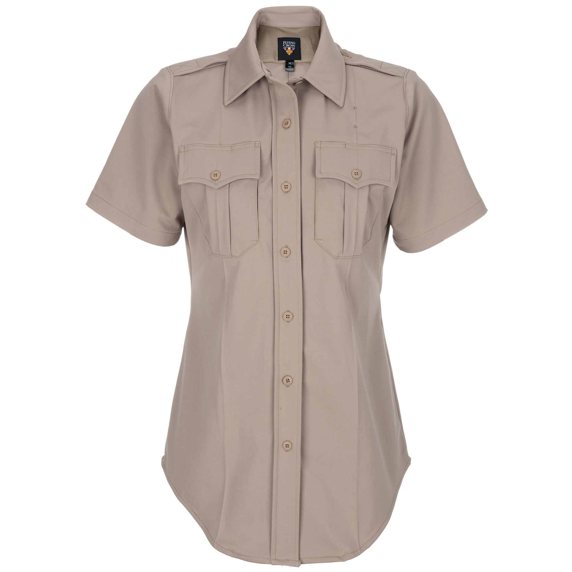 Product shot of a Flying Cross women's short-sleeve tan uniform shirt featuring a button-front closure, two breast pockets, and a breathable mesh collar
