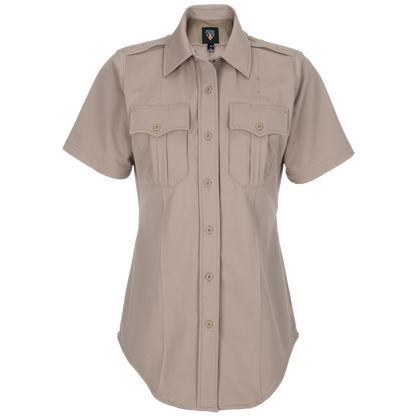 Product shot of a Flying Cross women's short-sleeve tan uniform shirt featuring a button-front closure, two breast pockets, and a breathable mesh collar
