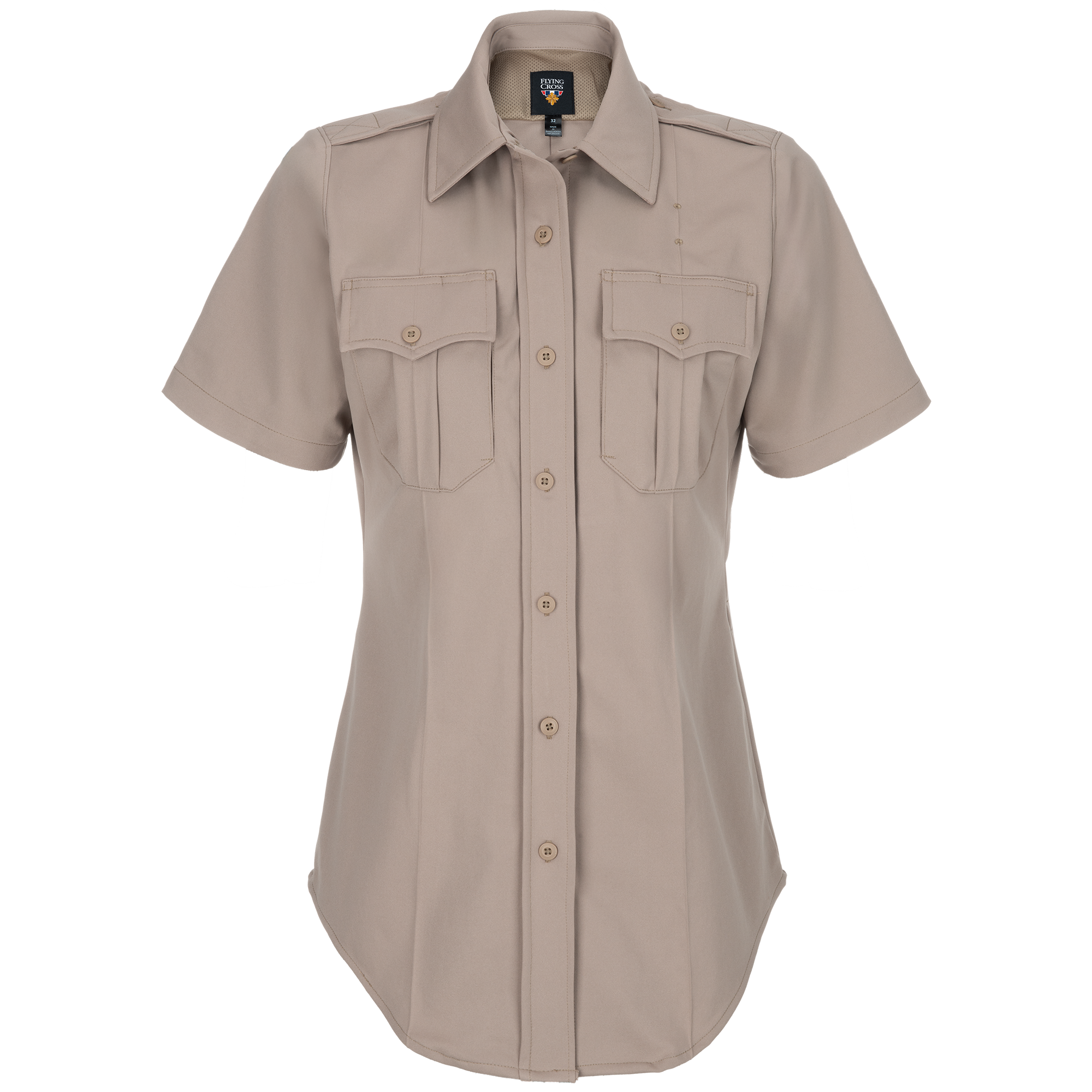 Flying Cross tan women's short sleeve shirt featuring button closures, two chest pockets, and a curved hem with subtle stitching details
