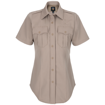 Flying Cross womens short sleeve khaki shirt featuring a button-down front, two chest pockets, and a curved hem with subtle stitching details
