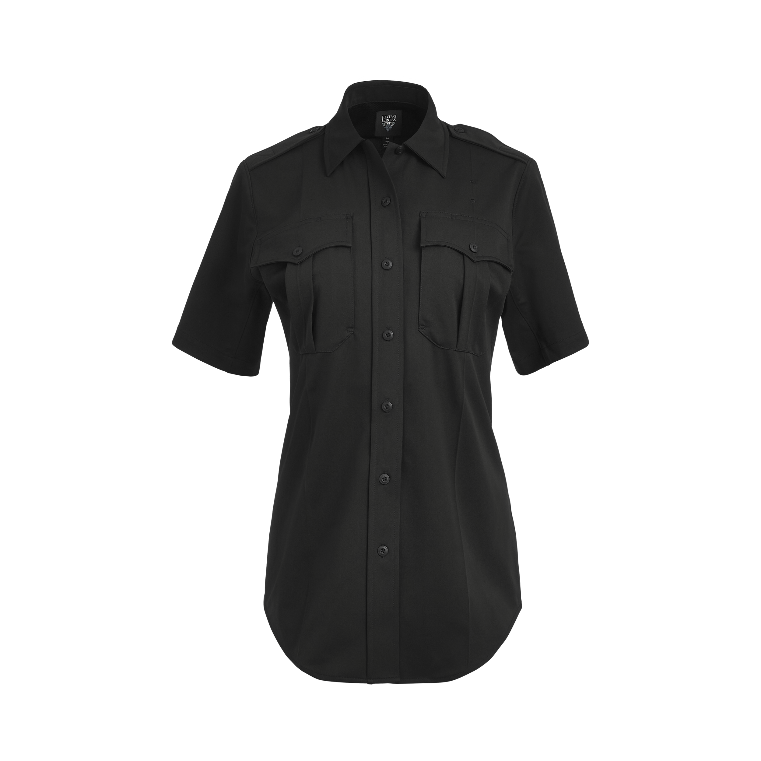 Product shot of a black Flying Cross women's short-sleeve uniform shirt featuring two flap pockets, a button-down front, and a subtle logo on the inner collar showing fine stitching and a sleek design

